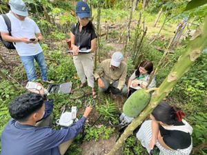 A group of seven scientists holding clipboards and electronic instruments take measurements to record water levels and greenhouse gas flux in an Indonesia peatland.