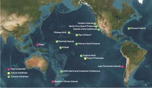 A map with white lettering highlights islands in the pacific region.