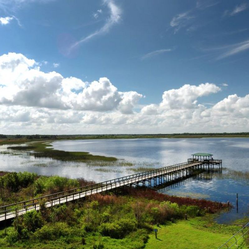 A long boardwalk on a lake.