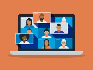 Illustration showing a laptop with a Zoom style grid of people participating in an online meeting.