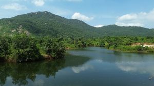 Hills over a body of water.