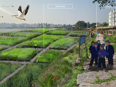 The renewed and restored banks of the lake looking clean and healthy with graphics showing people enjoying it as a recreational outdoor space.