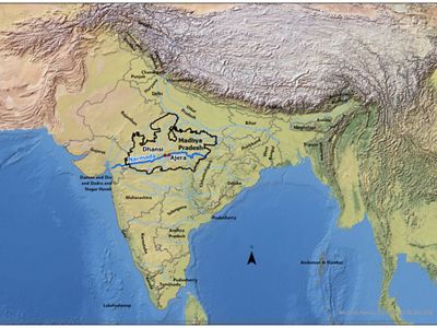 Map of the River Narmada and our two project sites; Dhansi and Ajera