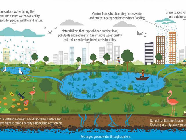 A wetland is any land area that can hold surface water and support aquatic flora and fauna. In urban spaces, wetlands occur as lakes, ponds, marshlands, and swamps.