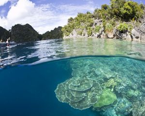 A boat of divers explores the shallow fringing reefs of a remote limestone island just off Misool Island.