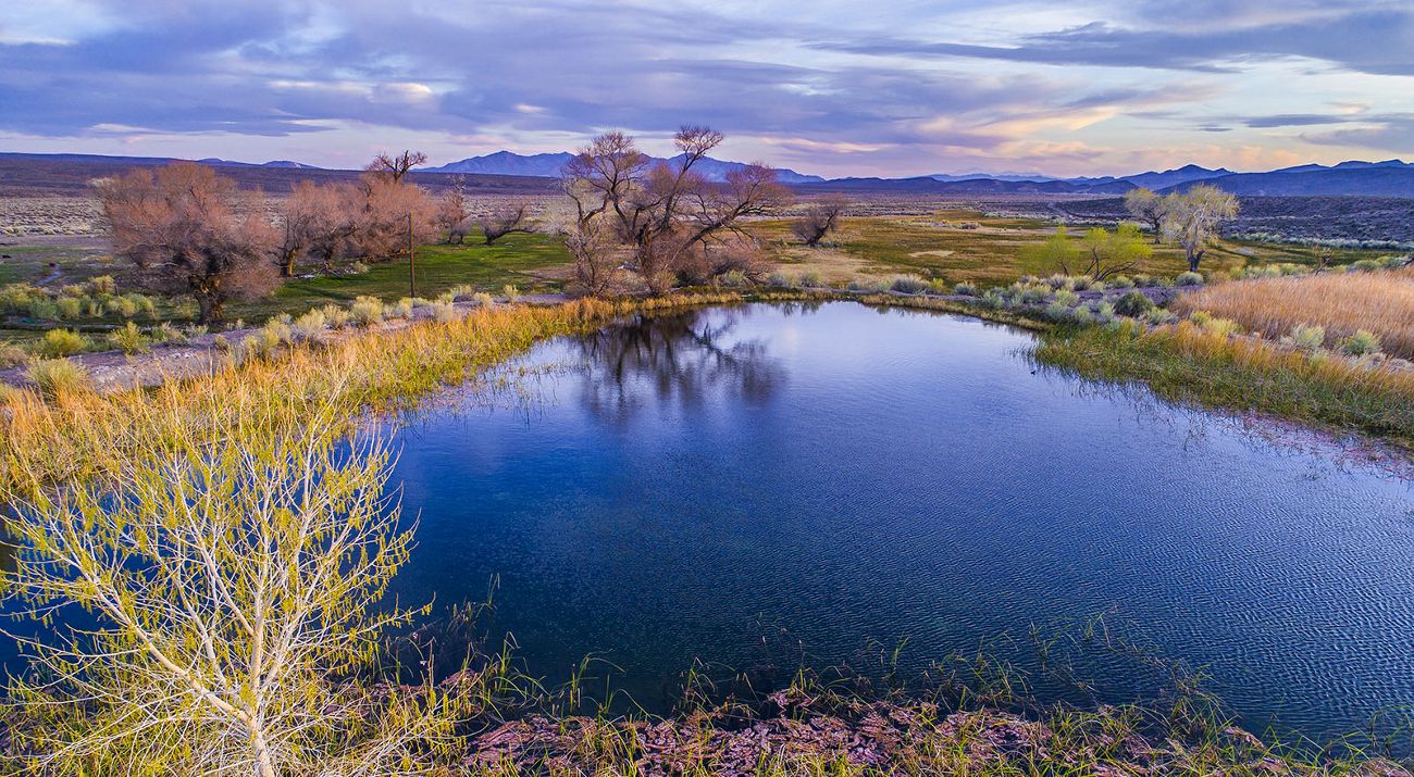 Landscape view featuring a large body of water and a wetland in the foreground, a wide expanse of land in the middle ground, and mountain ranges in the distance, all under a purple and blue sky.