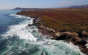 Aerial view of the coastline of Dangermond preserve with turquoise waves breaking on a rocky shore.