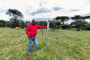 A man stands beside a fence in a Kenya grassland.