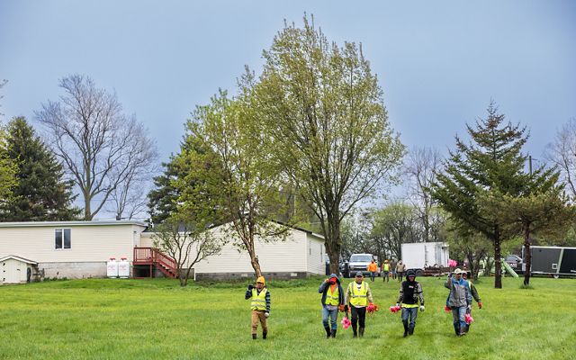 A group of people on land with a tree wearing bright vests and planting tools.