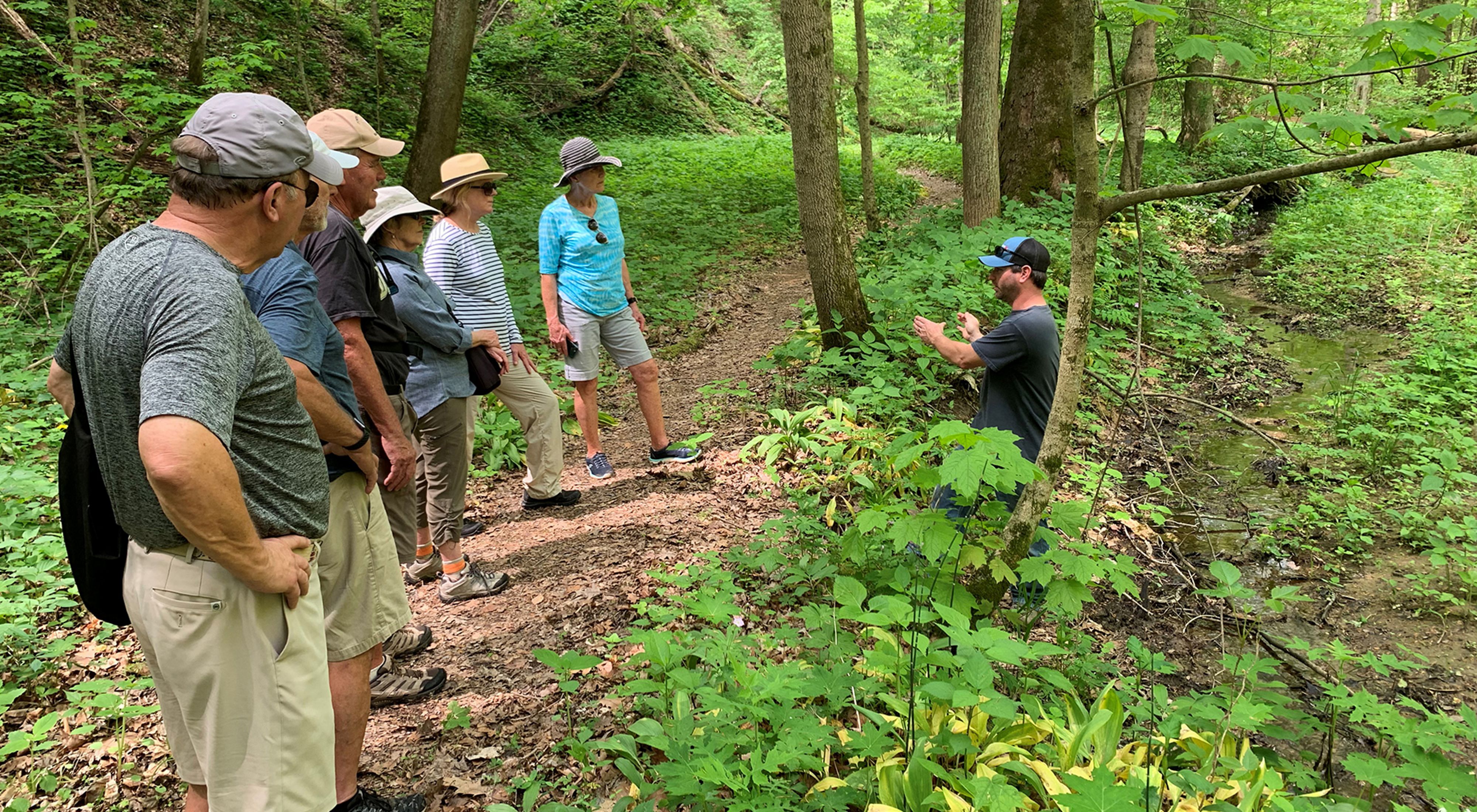 TNC's Jesse Moore leads a small group of hikers through Big Walnut Nature Preserve in spring.