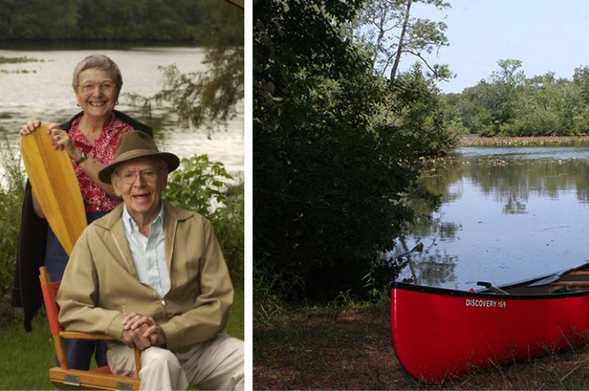 Two images in a collage. On the left, a portrait of two people taken on the edge of Nassawango Creek. On the right, a canoe sits on the shore next to the creek.