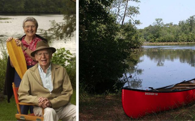 Two images in a collage. On the left, a portrait of two people taken on the edge of Nassawango Creek. On the right, a canoe sits on the shore next to the creek.