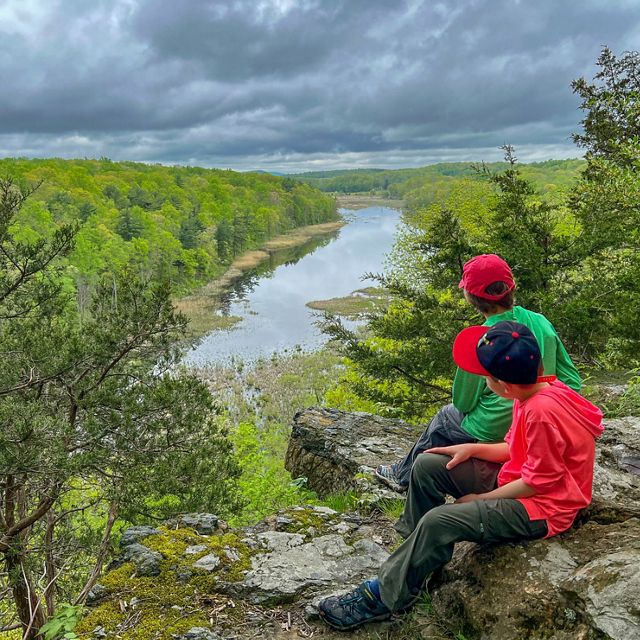 Two children sitting on a large rock looking toward a forest and river.