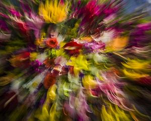 A bouquet of flowers with blossoms of red, yellow, magenta and white seems to swirl and move in a riot of color.