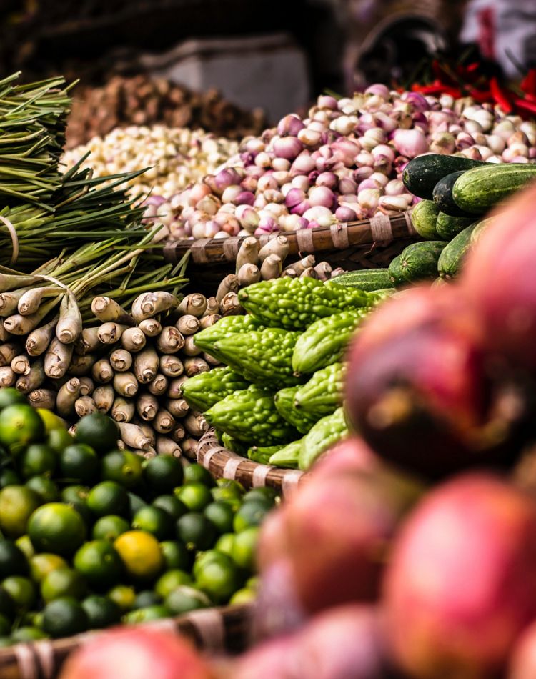 Fruits and vegetables in a market.