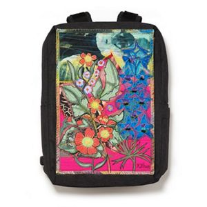 Black backpack with colorful nature designs on one side.