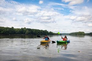 Two kayakers on the lower Wabash River.