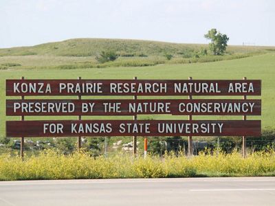 Brown wooden sign reads Konza Prairie