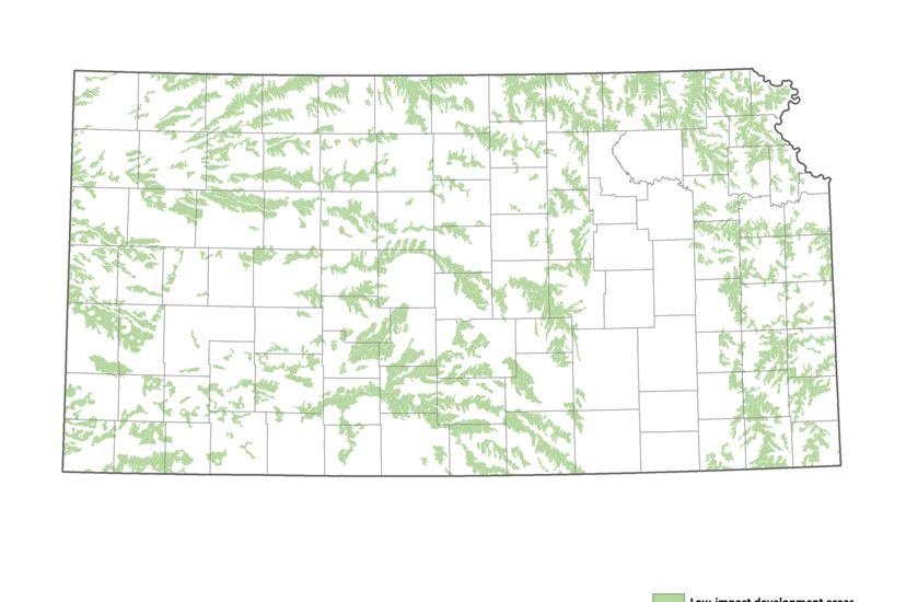 Map of Kansas with portions colored in green to identify low-impact wind potential.