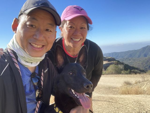 Ken and Lisa in the Santa Monica Mountains with their dog, Rafa