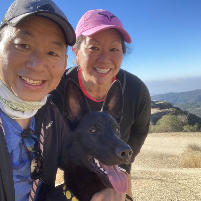 Ken and Lisa in the Santa Monica Mountains with their dog, Rafa
