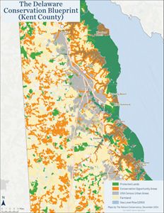 A map of Kent County Delaware showing opportunites for conservation in orange. 