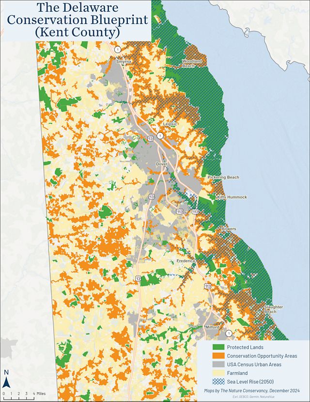 A map of Kent County Delaware showing opportunites for conservation in orange. 