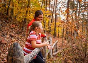 A family stands at a railing on a hiking trail surrounded by fall colors in Kentucky.