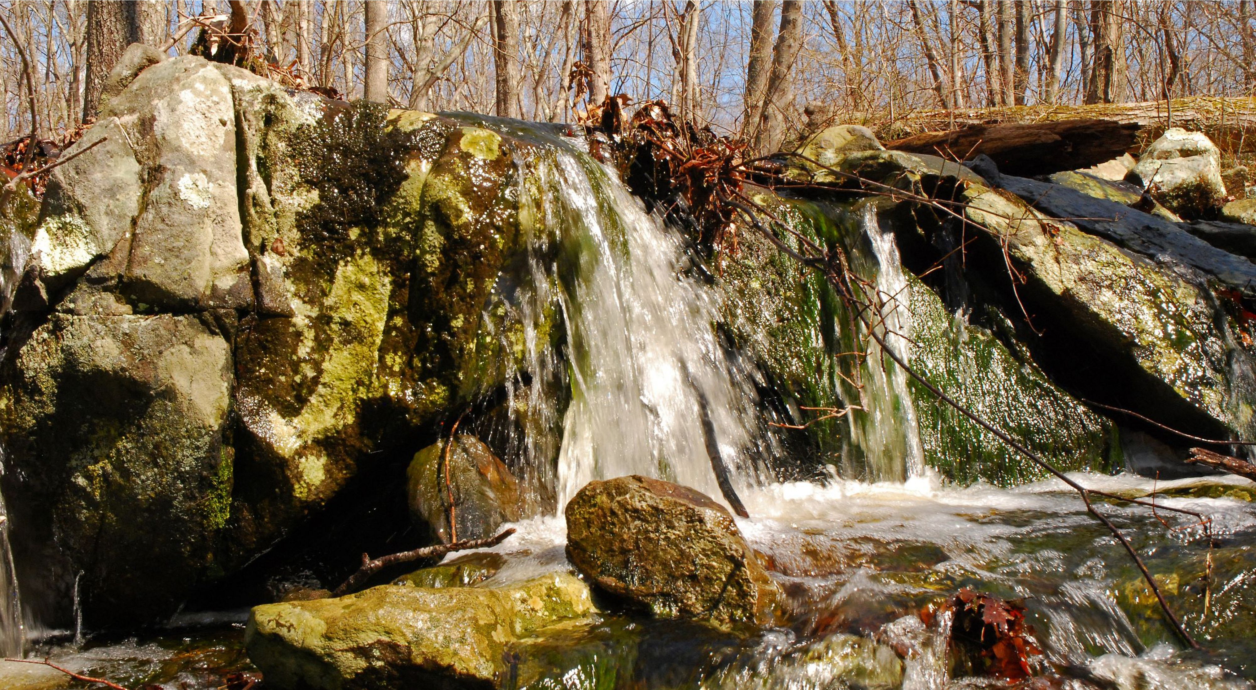 Close-up of a small granite outcrop with water from a seasonal stream spilling over the top.