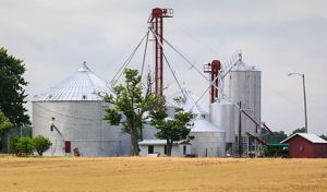 A view of a farm with metal silos.