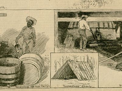 Historic illustration from Harper's Weekly showing the living conditions of enslaved workers. 