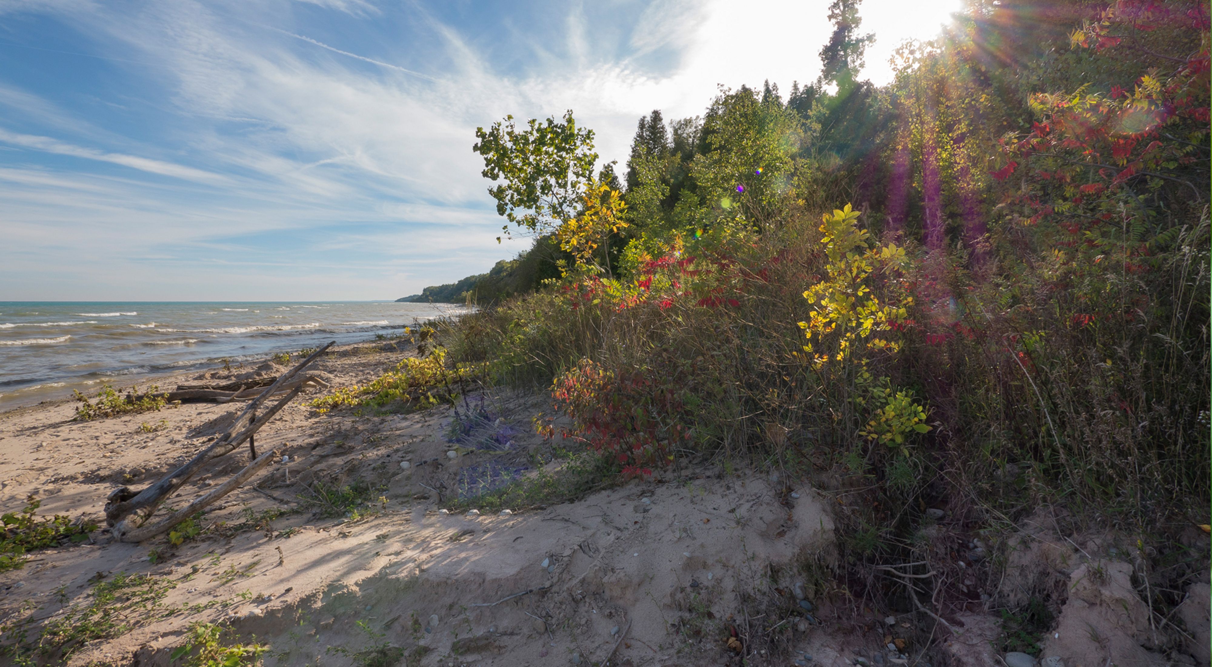 A sunbeam breaks through the clouds in a blue sky highlighting the vegetation along the sandy shore of Lake Michigan.