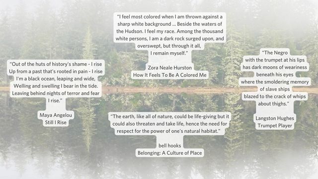 Four quotes from Maya Angelou, Zora Neale Hurston, bell hooks and Langston Hughes are superimposed over a photo of tall fir trees that are reflected in the waters of a still lake.