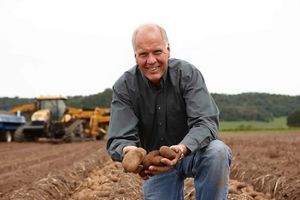 A man kneeling in a plowed farm field holding potatoes. 