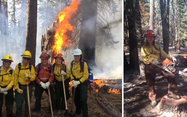 Two photos combined together in a collage. On the left five women pose together in front of a burning tree stump. On the right and woman wearing a red hard hat holds a large chain saw.  