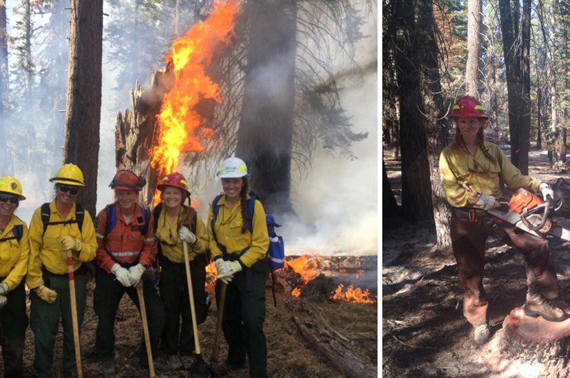 Two photos combined together in a collage. On the left five women pose together in front of a burning tree stump. On the right and woman wearing a red hard hat holds a large chain saw.  