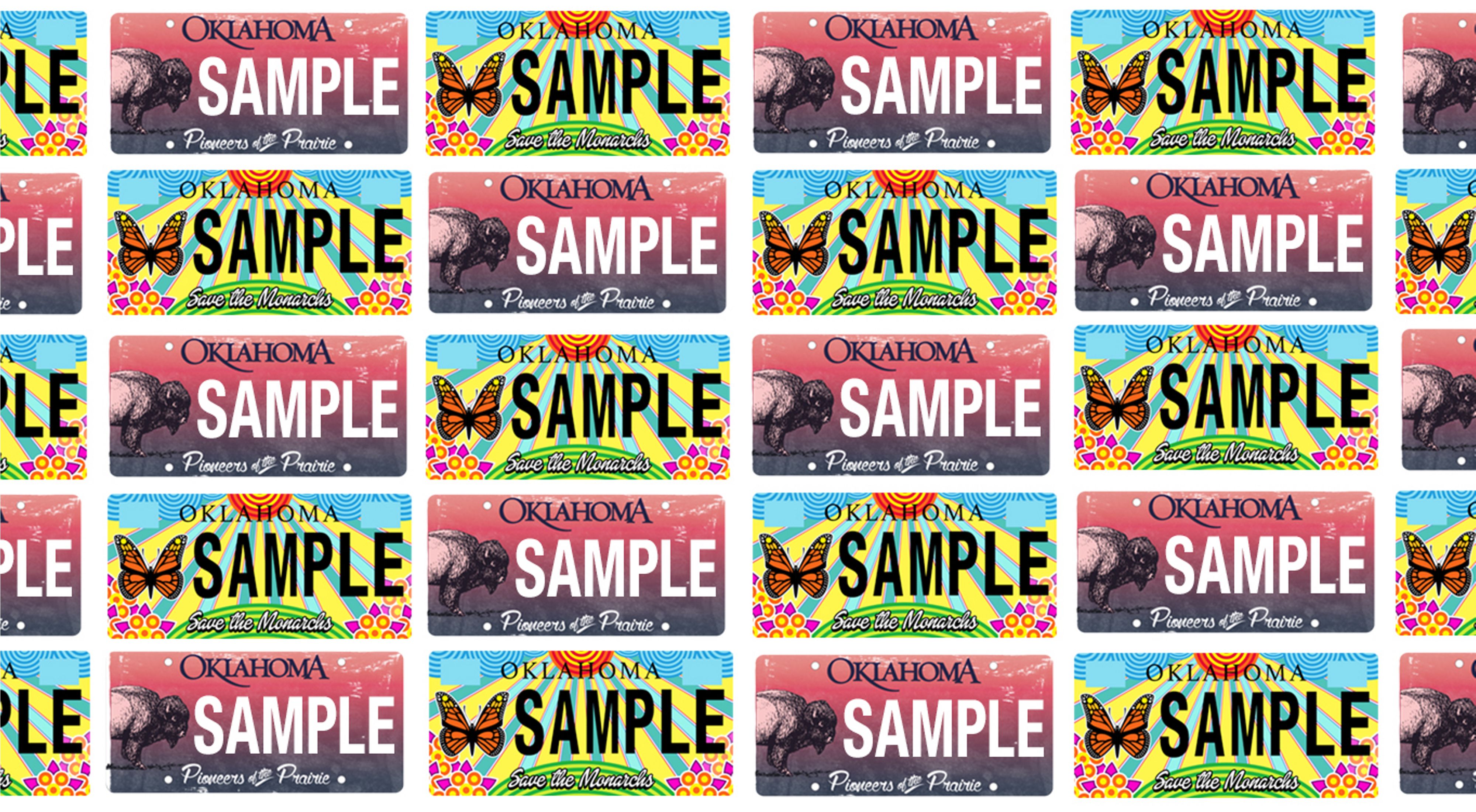 An alternating pattern of sample bison license plates in pink with a bison on them and monarch plates with a blue background, yellow sun rays, and an orange and black monarch.