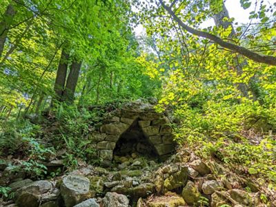 Lime kiln remnants in a lush green forest.
