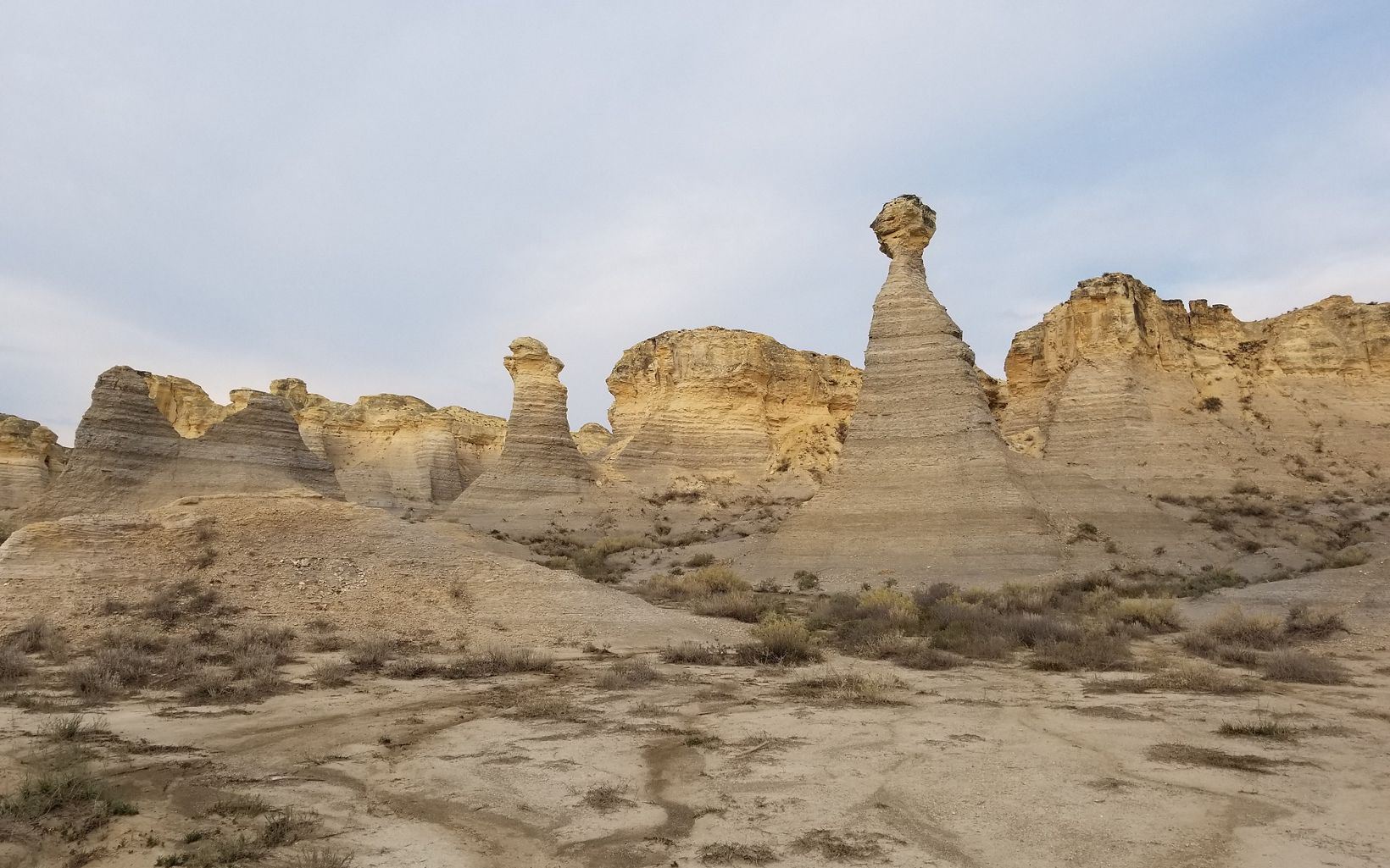 Sand-colored rock formations at Little Jerusalem Badlands State Park in Western Kansas.