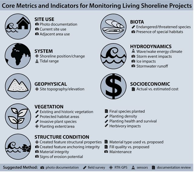 Graphic showing metrics to use for monitoring living shoreline projects.
