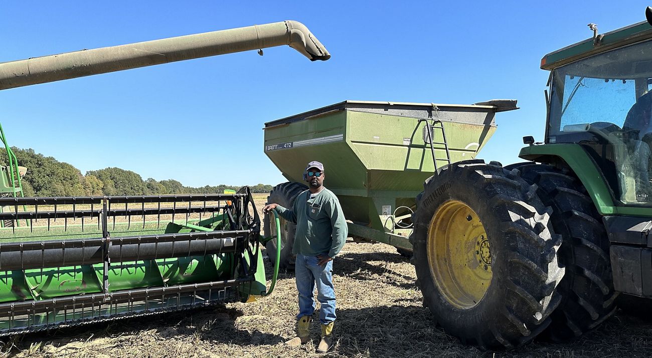 Farmer Roger Smith takes a break from harvesting soybeans