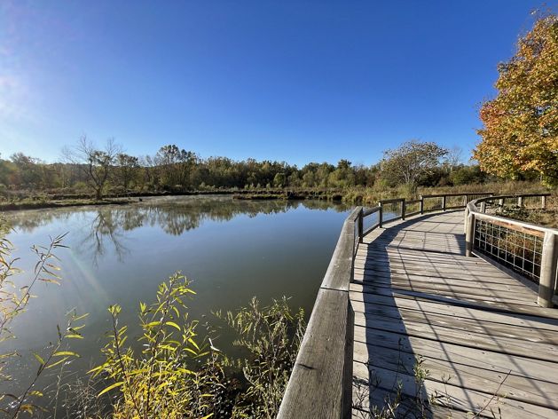 Bridge overlooking a fishing pond.