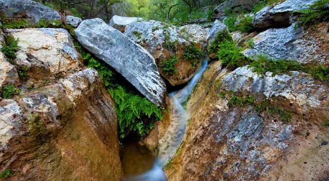 Foto de un pequeño arroyo que se desborda sobre rocas en Love Creek, en Texas.