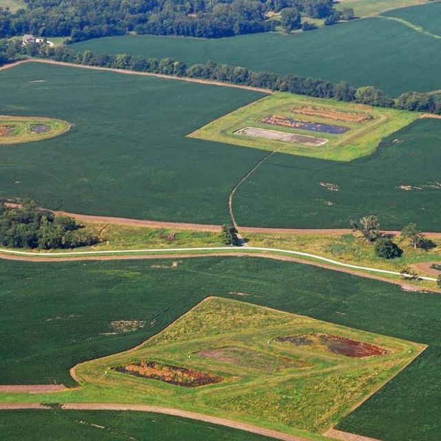 An aerial view of the three constructed wetlands on the Franklin Farm.