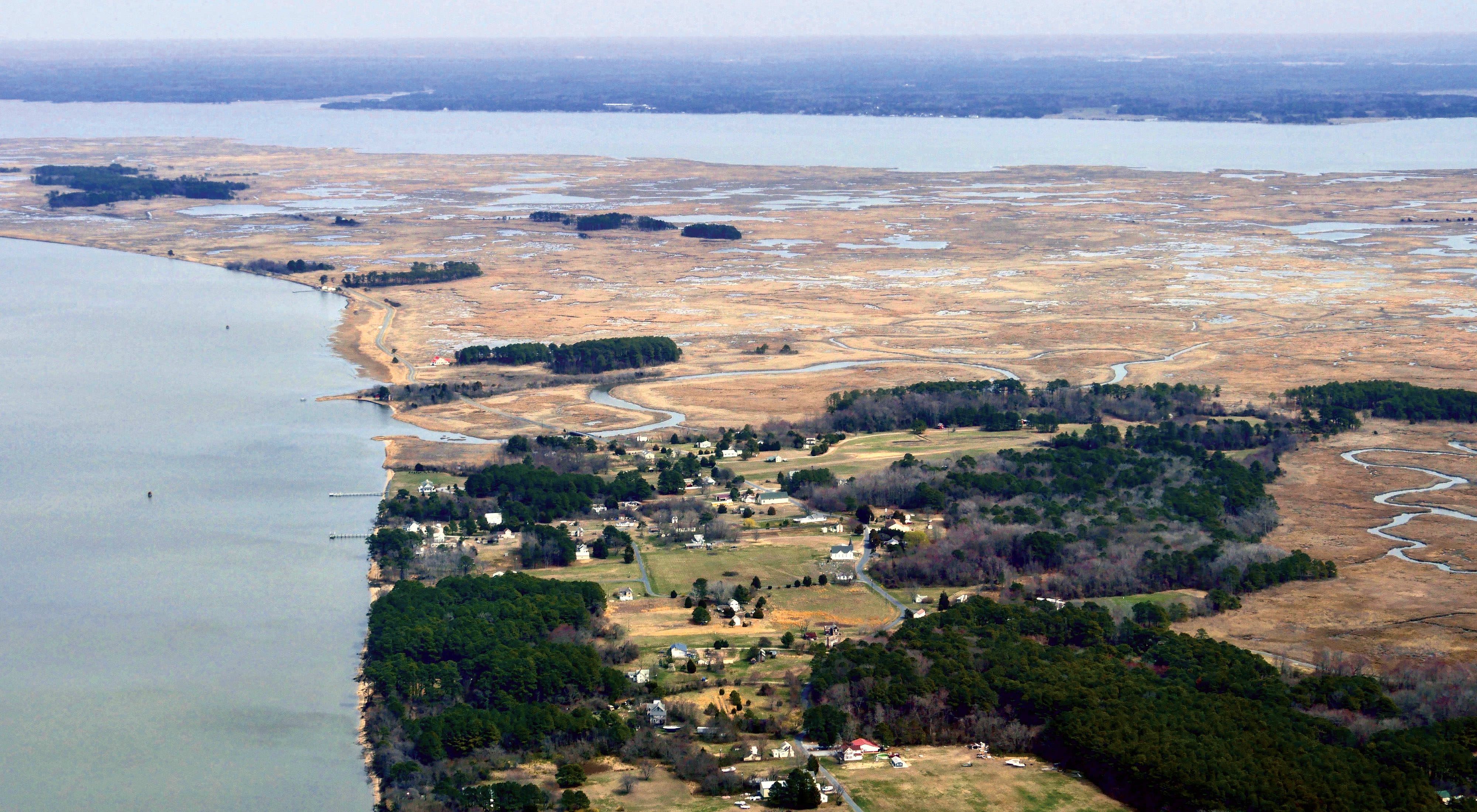 Aerial view looking down on a coastal Eastern Shore community. Houses are clustered around open fields and surrounded by stands of trees. Open marsh extends behind the community ending at the water.
