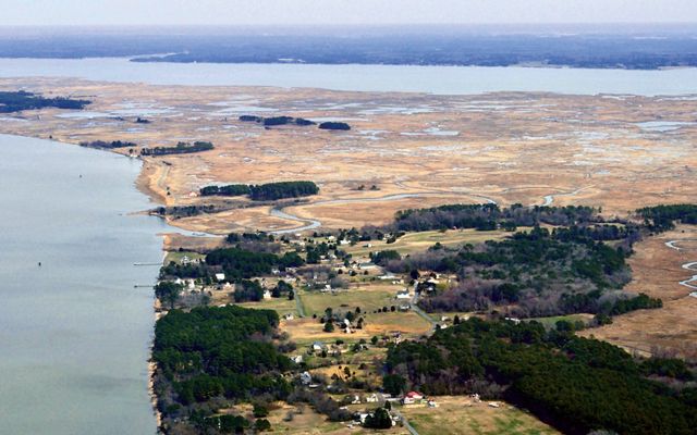 Aerial view looking down on a cluster of houses in a small coastal community. Open water faces the homes with marsh extending into the background.