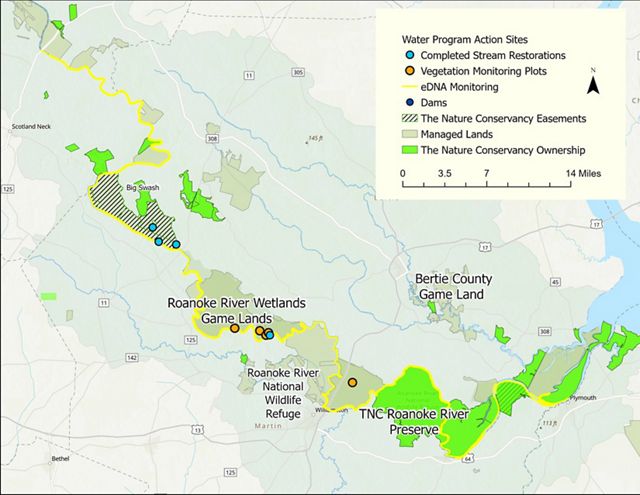Map of the lower Roanoke River showing where different conservation activities take place.