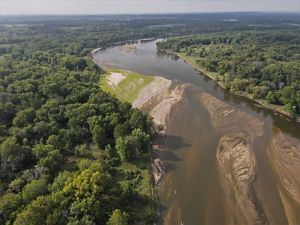 Aerial view of a river going through a forest.