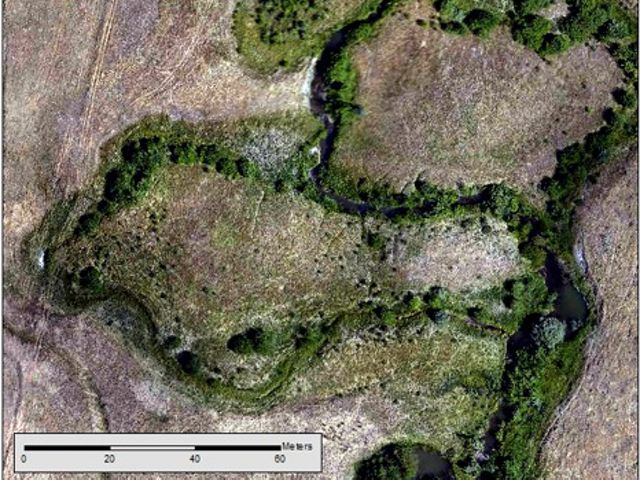 Aerial view in 2016 of beaver mimicry structures the Conservancy built on Long Creek, Montana.