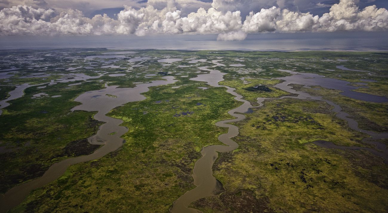 Fluffy clouds frame wetlands interspersed with green vegetation and slow moving waters.